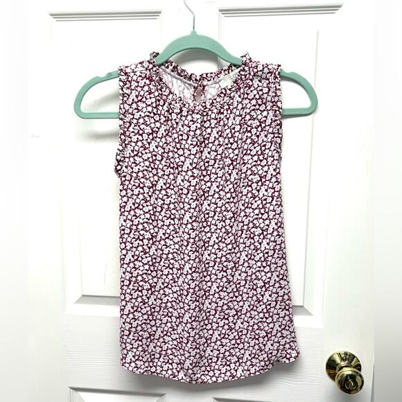 LOFT Tops - Loft Sleeveless Floral Blouse, Ruffle Neck Crew, Burgundy and White, Size XSP